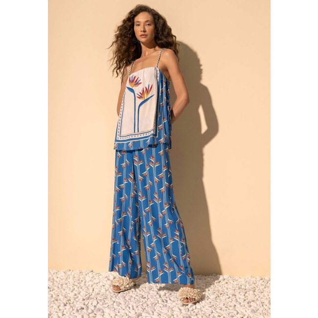 Calça Pantalona Estampada De Cintura Média Com Elástico