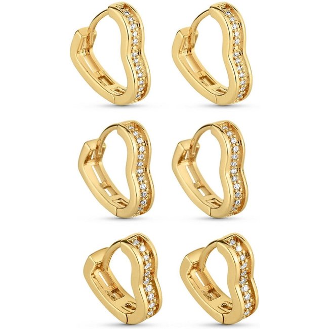 Trio De Brincos Semijoia Argolas Coração Com Zircônias (12-14-16Mm) Banhado A Ouro 18K Br045-001 Dourado