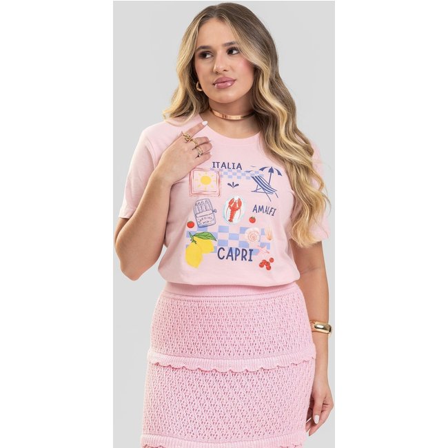 Camiseta Feminina Cianitas Rosa Estampa Itália