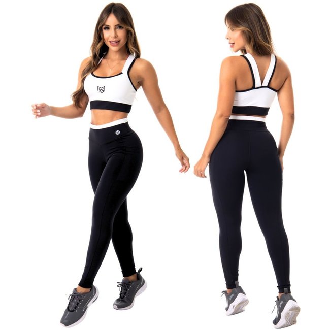 Conjunto Feminino Academia Top Branco com Recorte Preto Legging Fitness