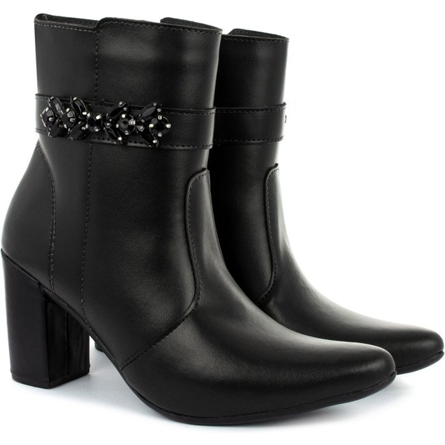 Bota Bico Fino Salto Fashion Com Pedraria Confortável Olzzy BF-0154 Preto