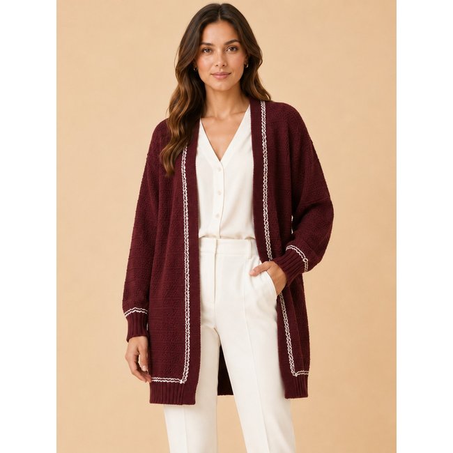 Cardigan Feminino Lapetry em Tricot Alongado Texturizado com Detalhes Contrastantes Vinho