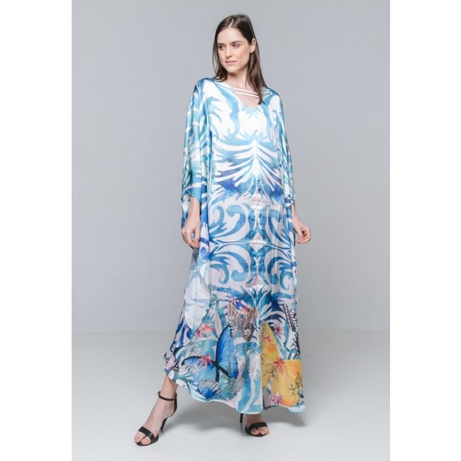 Vestido KAFTAN Longo Crepe Estampado EXCLUSIVO Grafismo Azul