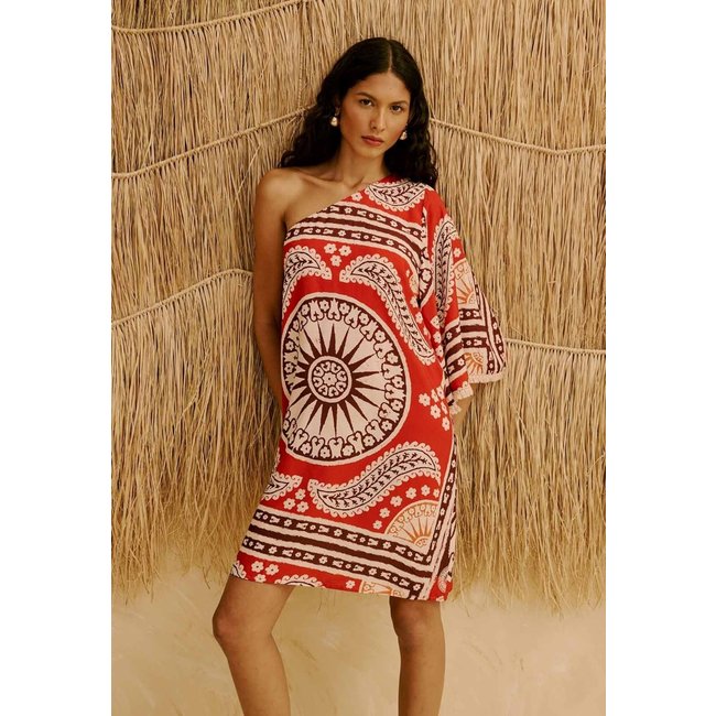Vestido Curto Manga com Franja Estampado Incaica
