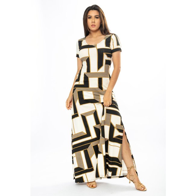 Vestido Longo Cabanafree Malha Gola Canoa Manga Curta Estampa Igaci