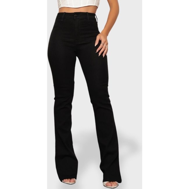 Calça Jeans Flare Boca de Sino Feminina Preta Cintura Alta Estilo Retro