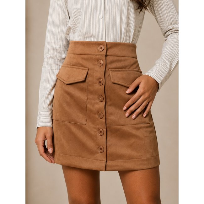 Mini Saia Lapetry Feminina em Suede com Bolsos Frontais e Lapela Caramelo