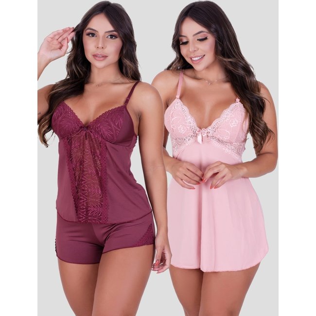 Kit Baby Doll + Camisola MdMix De Renda Pijama Rosa e Vinho