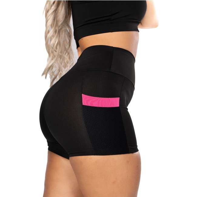 Short Fitness com Bolso Rosa Cintura Alta Academia Preto