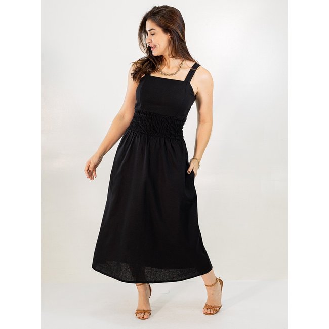 Vestido Midi Linho Lastex Bolsos Laterais Nude Preto Anticorpus