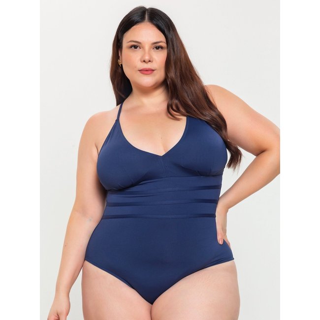 Maiô Plus Size Orla da Praia Frente Única Modelador Bojo Removível Azul Marinho