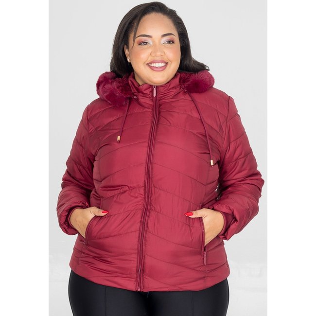 Jaqueta Plus Size para Inverno Bobojaco Nylon Capuz Removível Vermelha