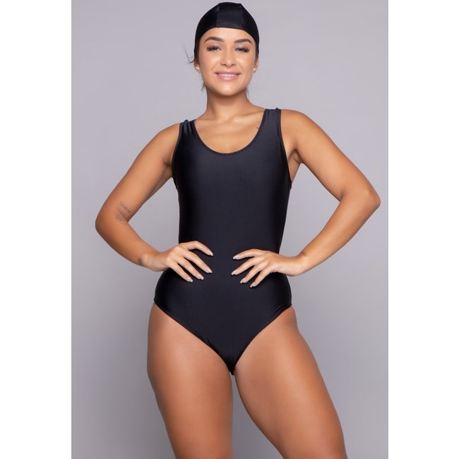 Maiô Bella Fiore Modas Tradicional Natação Liso Preto