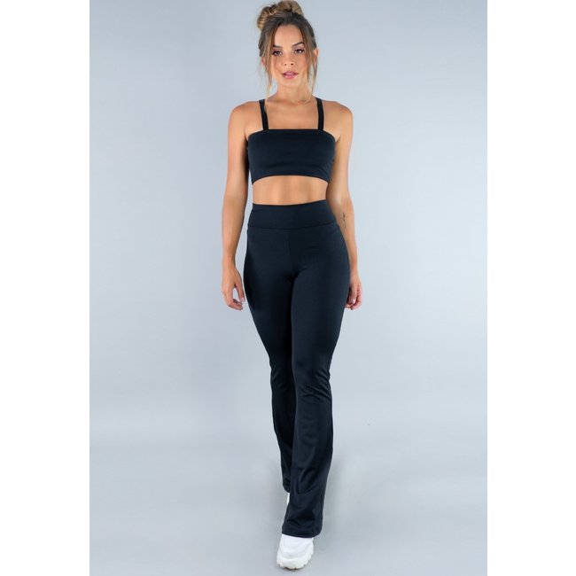 Conjunto MVB Modas Calça Flare Feminina e Top Faixa com Alça Suplex Liso Preto