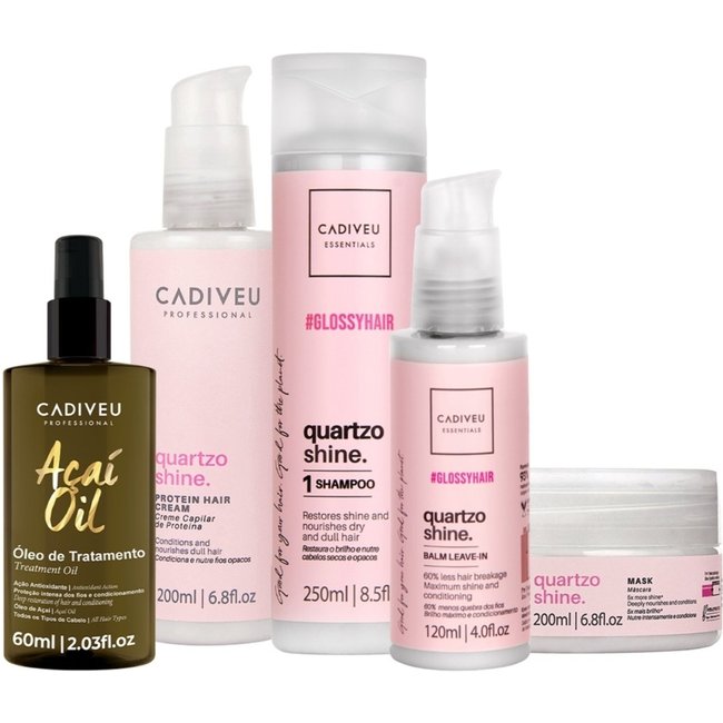 Kit Cadiveu Professional Essentials Quartzo Shine Shampoo Máscara Pré-Shampoo Leave-in e Açaí Oil 60 (5 produtos)