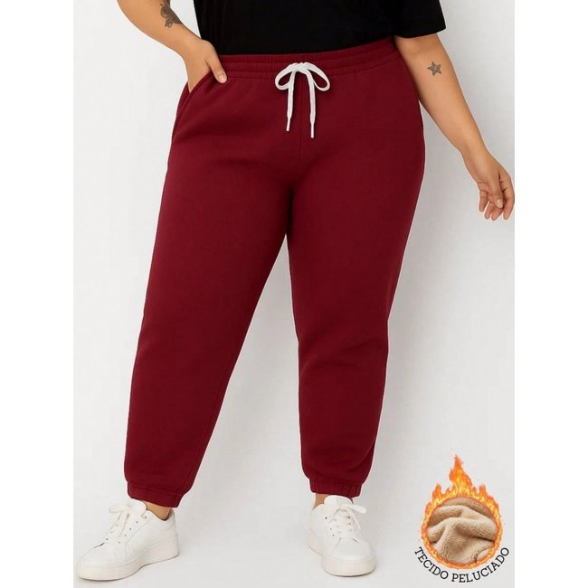 Calça de Moletom Feminina Plus Size Jogger Tecido Flanelado com Bolso Bordô Calça de tamanho grande para mulher