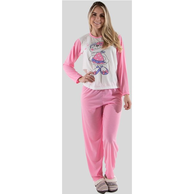 Pijama Longo Algodão Linha Noite Malha Premium Rosa
