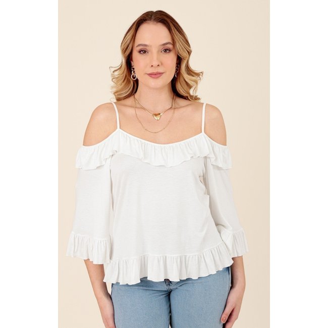 Blusa Pop Me Em Malha Crepe Manga 3/4 Ombro Vazado Babados Off-White