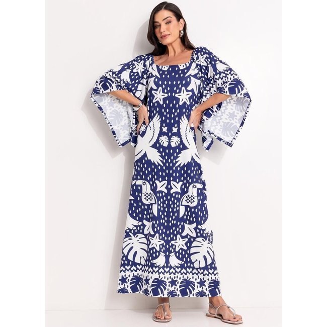 Vestido Em Malha Fria Quintess Barrado Azul
