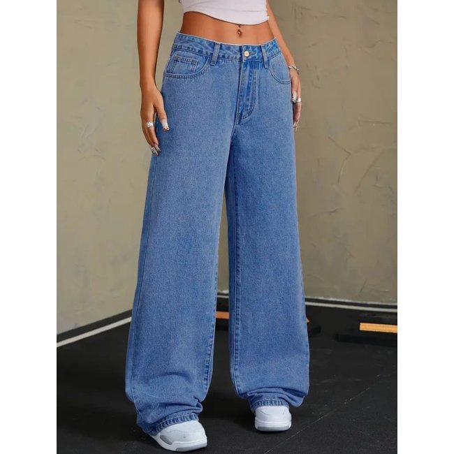 Calça Jeans Wide Leg Feminina Safira Moda Pantalona Azul Médio