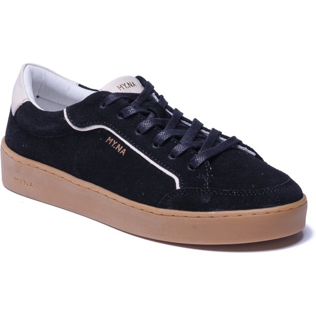 Tênis MY.NA Y7 Couro Legítimo Camurça Preto com detalhes em Off White