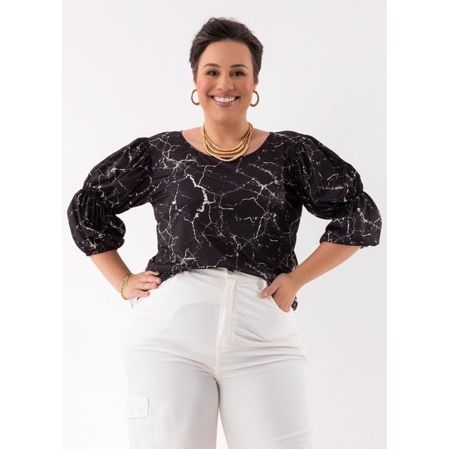 Blusa Em Jersey Acetinado Abstrato Preto Marguerite