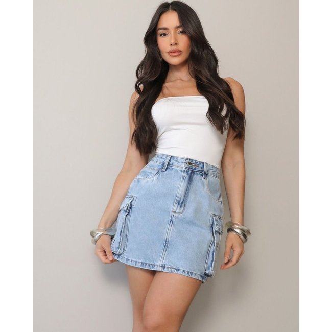 Mini Saia Jeans Feminina Cargo 24955 Sky Claro Consciência