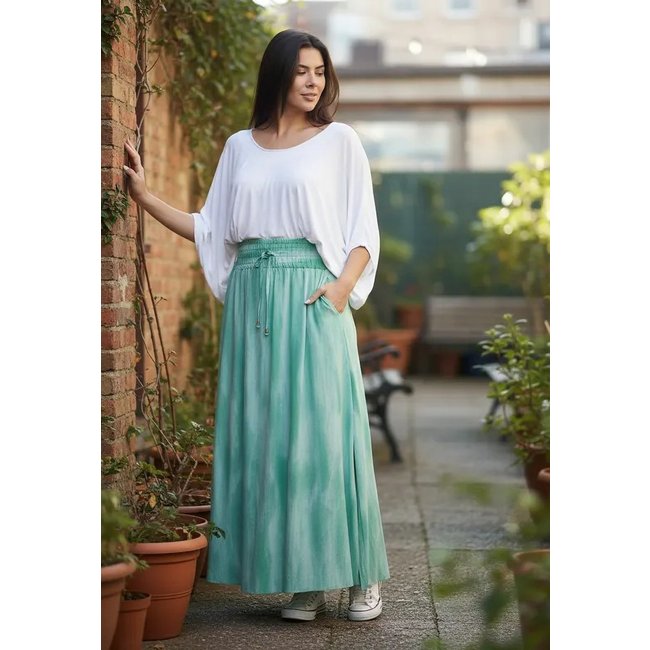 Saia Cabanafree Longa Viscose Tie Dye Verde Aqua