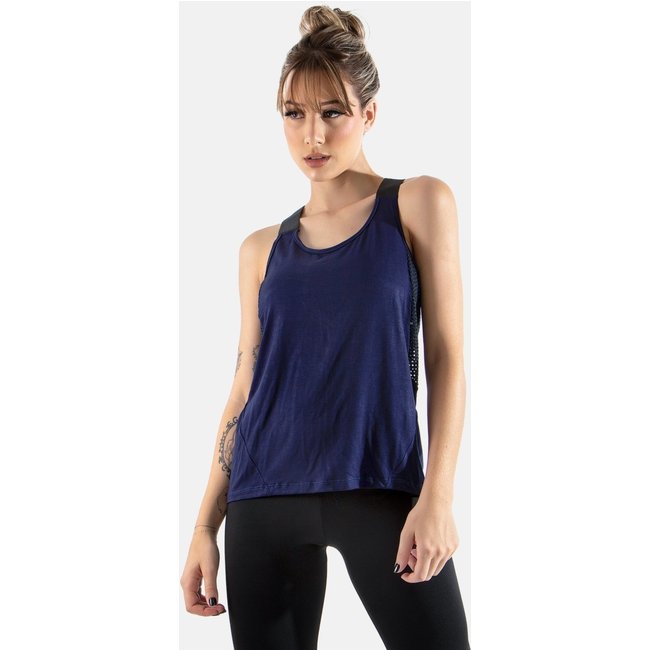 Blusa 4 Estações Regata Tex Feminino Trançada Furadinha Fitness Azul Marinho