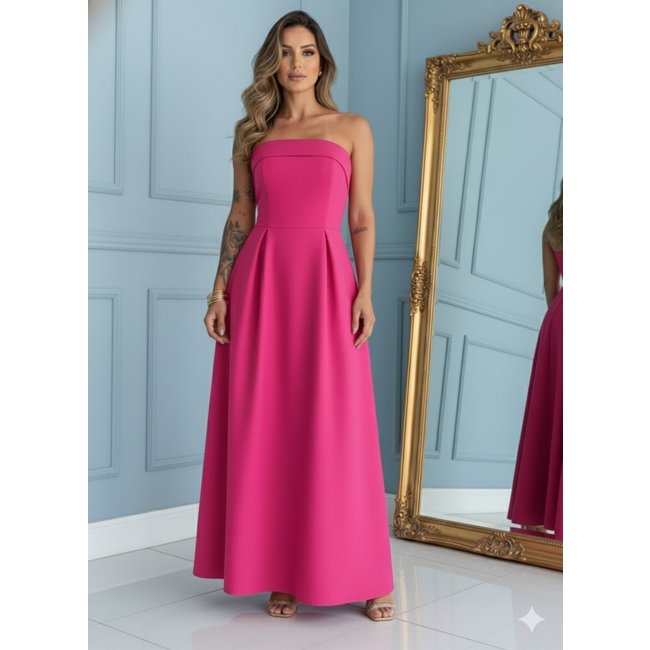 Vestido Longo com Pregas Decote Reto Festa Madrinha Casamento Linho Misto Pink
