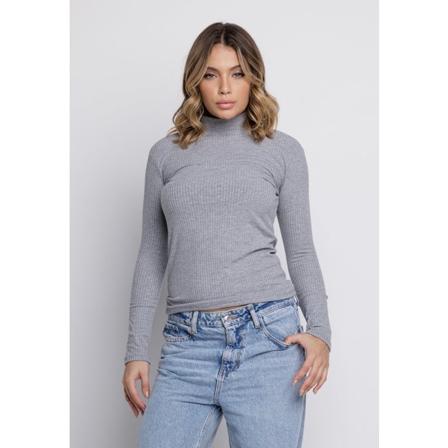 Blusa Canelada WLS Modas Manga Longa Gola Alta Feminina Casual Cinza