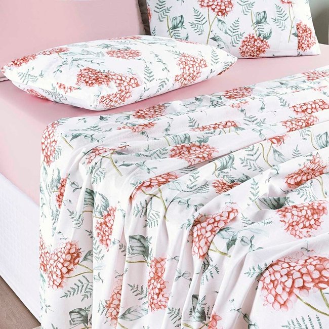Jogo Cama Lençol Casa Scarpa Maris Casal Padrão Percalle 200 Fios Estampado 4 Peças Hortênsia Salmão