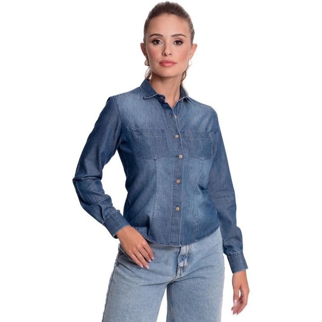 Camisa Social Feminina Jeans Manga Longa Moderna Teodoro Azul Claro G Azul
