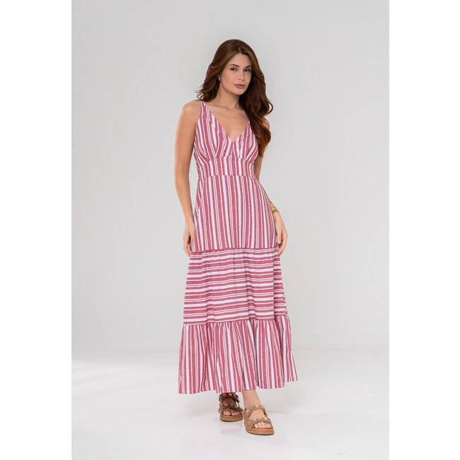 Vestido Aura Evelyn Linho Listrado Vermelho