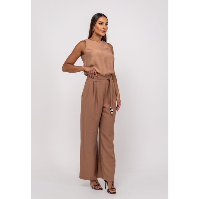 Calça Alfaiataria Wide Leg Com Faixa Salvatore Bege