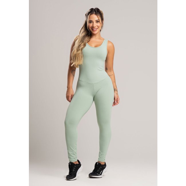 Macacão Fitness MVB Modas Longo Feminino Suplex Academia Poliamida Pistache