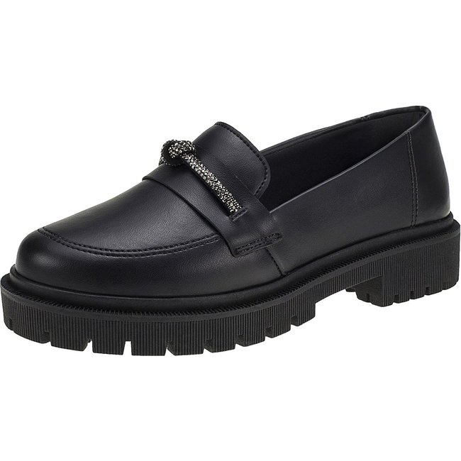 Mocassim Feminino Lóris Shoes Tratorado Bico Redondo com Enfeite Strass Brilho 026-010 Preto