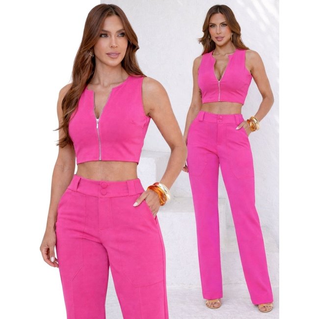 Conjunto Feminino Divina Gata Cropped Calça - Rosa