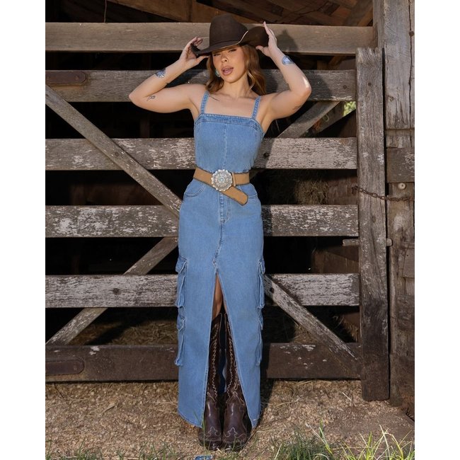 Vestido Jeans Longo Feminino Cargo 24951 Média Consciência