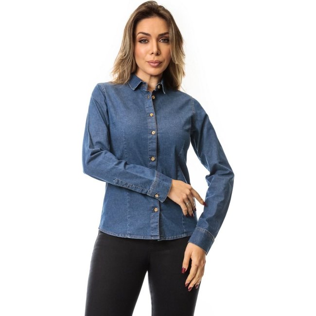 Camisa Jeans Manga Longa Sem Bolsos Feminina Crocker