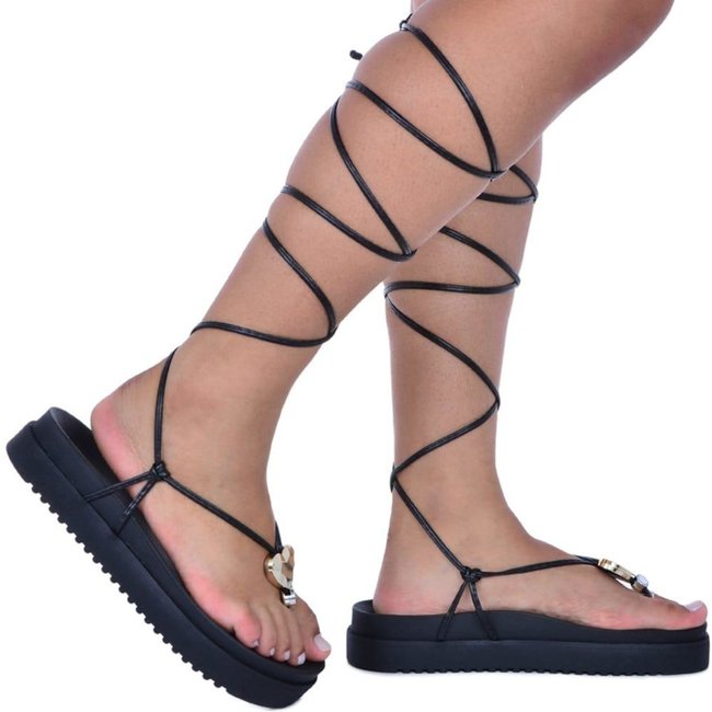 Sandália Gladiadora Feminina Conforto e Estilo com Amarração na Perna Preto