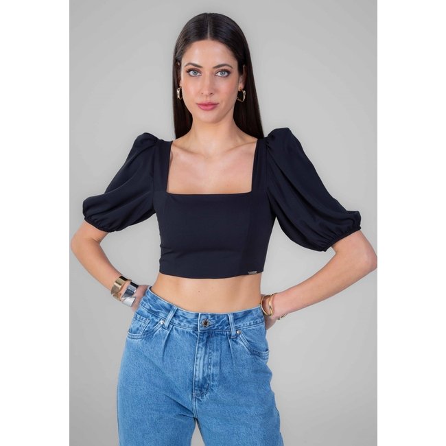 Blusa Cropped Traymon Manga Bufante Preto