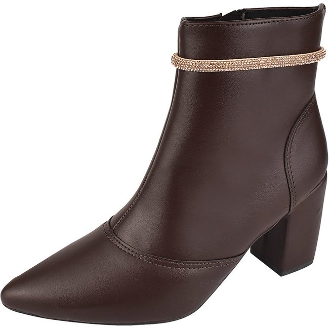 Bota Cano Curto Rosa Chic Calçados Bico Fino Salto Alto Zíper Brilho Strass Feminino Café