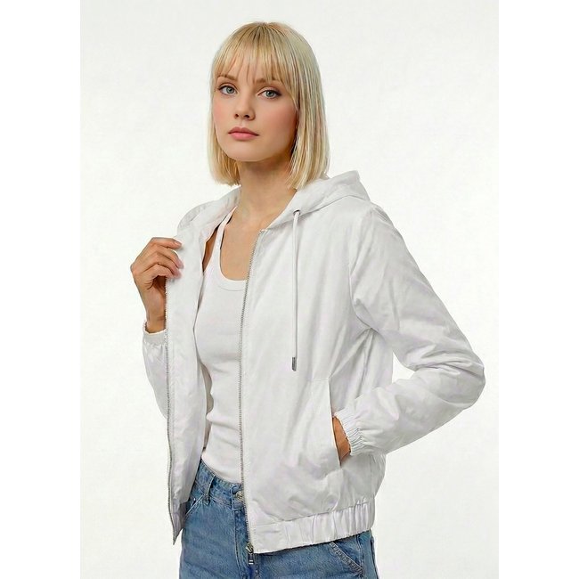 Jaqueta Branca Forrada com Capuz e Bolsos Sob Bomber Branco