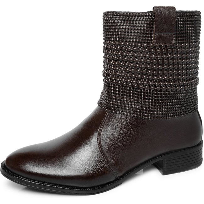 Bota Feminina Couro Malha Metal Bico Redondo Cano Curto Salto Baixo Marrom