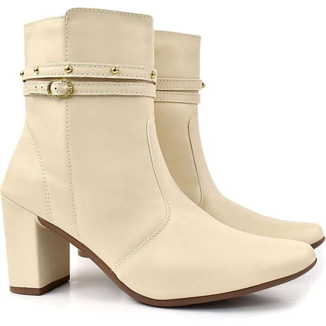 Bota bico fino salto fashion confortável com fivela OLZZY Off White