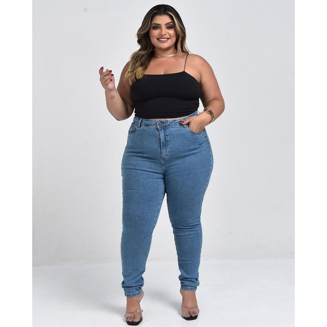 Calça Jeans Feminina Mom Plus Size Básica com Elastano 00229 Média Consciência