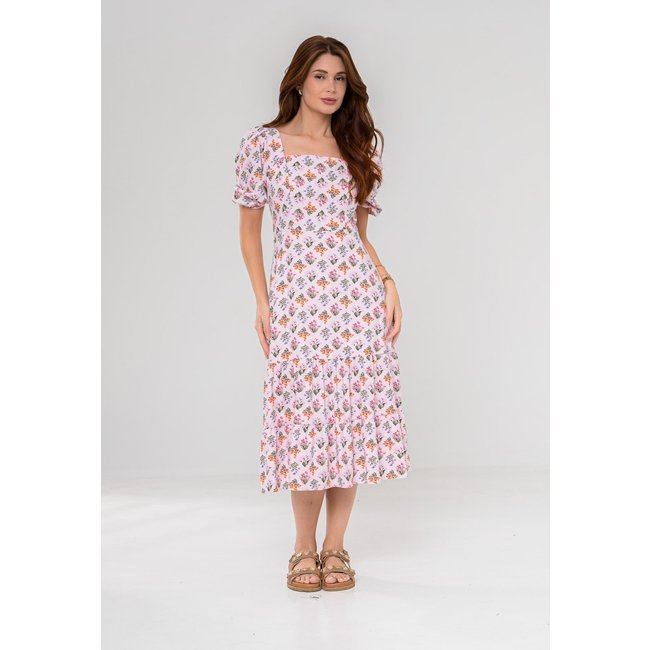 Vestido Aura Pietra Linho Floral Luzente Rosa