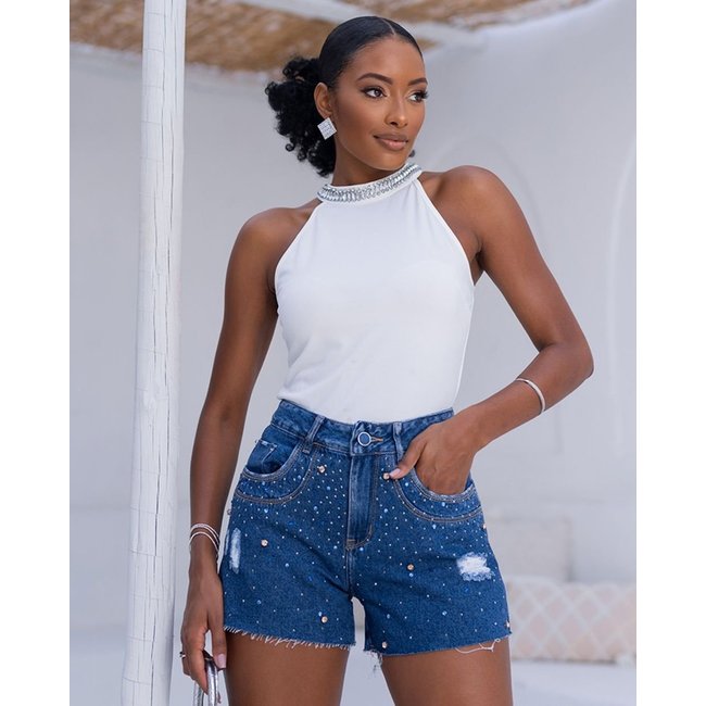 Shorts Jeans Boyfriend Feminino Cintura Média Detalhe Aplicação 23799 Escura Consciência