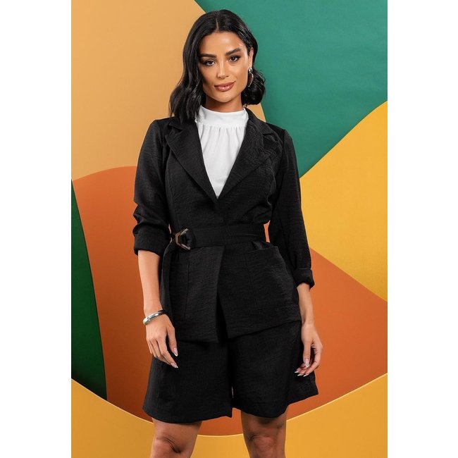 Blazer Em Tecido Texturizado Com Bolsos Preto Quintess